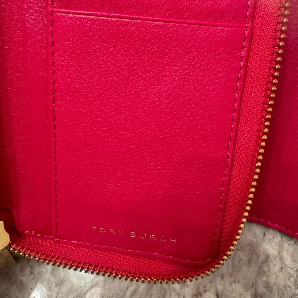 Tory Burch Hot Pink Leather Wristlet with Gold Logo